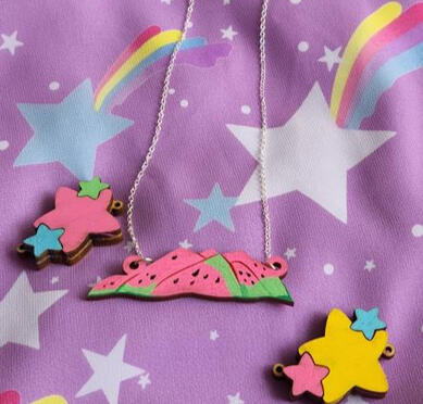Hand painted and hand assembled necklaces - triple stars and watermelon mountain