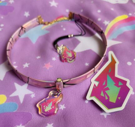 Promare-inspired keychain, choker (hand assembled), and sticker
