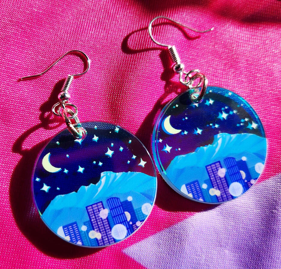 Earrings inspired by Sailor Moon and the Denver skyline